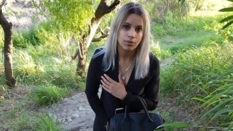Classy blonde Latina gets her pussy creampied outdoors after a blowjob
