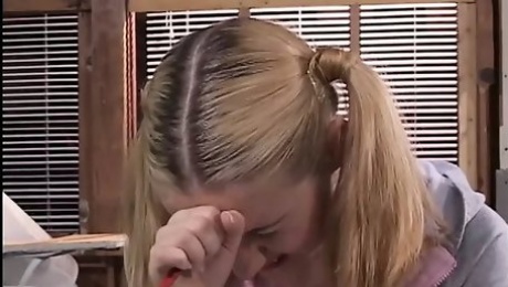 Young blonde with pigtails seduces her teacher after class