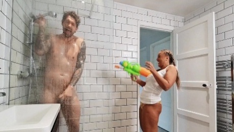 Seduced busty wife Beth Bennett sucks a long dick in the shower